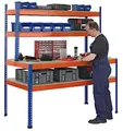 SCHULTE Lagertechnik Z1-Packtisch mit Lagerebene und Regalaufsatz, 1981 x 1536 x 773/316 mm (HxBxT), blau/orange