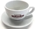MAURO Cappuccino oder Milchkaffee Tasse mit Untertasse 6er Set - weiß mit Logo