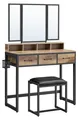 VASAGLE Schminktisch mit gepolstertem Hocker, Frisiertisch mit dreifachem Spiegel, 3 Schubladen, Haartrocknerhalter, Kosmetiktisch, Industriestil