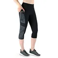 VS Sport-Leggin Damen Capri 3 4 mit 3 Seitentaschen für Handy, Schlüssel, Kreditkarte und Co. Fitness Sport Tights Schwarz Muster Yoga Hose Sporthose Jogging High Waist. Grey-Black-M