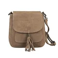 Made in Italy Damen Leder Tasche Messenger Bag Henkeltasche Wildleder Handtasche Umhängetasche Ledertasche Schultertasche Beuteltasche Fransen Cross-Over Taupe