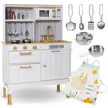 Mamabrum Kinderküche Holz, Weiße Spielzeug Küche Set mit Mikrowelle, Backofen, Spülbecken, Töpfe, Pfannen, Schürze & Zubehör - Für Kinder ab 3 Jahren (15 Teile)