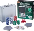 Relaxdays Pokerkoffer, 100 Pokerchips ohne Wert, 2 Kartendecks, 5 Würfel, Dealer-Button, Pokerset, abschließbar, silber