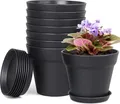 8er Pack Blumentopf mit Untersetzer 10cm - Schwarz Plastik Topf-Set für Innen- & Balkongärten