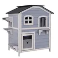 lionto Katzenvilla aus Tannenholz mit Bitumendach für drinnen und draußen, Katzenhaus über 2 Etagen mit Stufen, 80x55x90 cm, Lamellenvorhang und Fenster, Hütte für große Katzen geeignet, grau/weiß