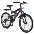 Licorne Bike Strong V Premium Mountainbike in 24 und 26 Zoll - Fahrrad für Jungen, Mädchen, Damen und Herren - Shimano 21 Gang-Schaltung - Vollfederung Zoll:26;Farbe:Anthrazit/Rosa