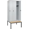 CP-Möbel Spind Classic PLUS, lichtgrau, 3 Abteile, 90 x 212 cm, mit Sitzbank & Drehriegelschloss