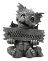 Figuren Shop GmbH Gartenfigur Gartenfigur - Drache mit Willkommen Schild - Eingangsschild Garten
