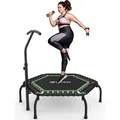 BCAN Fitness Trampolin Indoor Ø 122 cm, Trampolin Erwachsene bis 250 kg, Bodentrampolin mit verstellbarem T-Griff & 42 Gummiseilen - Grün