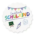 itenga 10x Sticker Einschulung Schulanfang Aufkleber Endlich Schulkind Tafel rund Gastgeschenk Geschenkverpackung (weiß)