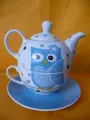 Schönes 4-tlg. TEE-SET "TEA FOR ONE", Motiv: "EULE-BLAU", für 1 Teetrinker! NEU!