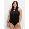 Badeanzug SHEEGO "Große Größen", Damen, Gr. 52, Cup E, schwarz, Polyamid, Xtra Life LYCRA, unifarben, Badeanzüge, mit raffiniertem Ausschnitt vone und hinten