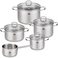 ELO Jaspis Topfset aus Edelstahl 18/8, 9-teilig  Perfekt für jede Küche, hitzebeständig, inklusive Glasdeckel, Ø 16-24 cm - Transparent