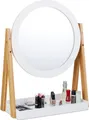 Relaxdays Kosmetikspiegel, schwenkbar, mit Ablage für Make Up, Kosmetik, Tischspiegel  32,5 cm, Bambus, MDF, weiß-natur
