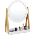 Kosmetikspiegel, Schwenkbar, Mit Ablage Für Make Up, Kosmetik, Tischspiegel ∅ 32,5 Cm, Bambus, Mdf, Weiß-natur - Relaxdays