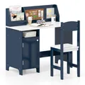 COSTWAY Kinderschreibtisch Set, Schülerschreibtisch aus Holz, Schreibtisch Kinder mit Stuhl, Bücherregal, Schrank & Pinnwand für Kinder ab 3+, Blau