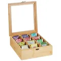 Relaxdays Teebox 10046345, für Teebeutel, natur, aus Bambus, mit Sichtfenster & Klappdeckel, 26,5 x 28,5 x 9,5cm, 12 Fächer