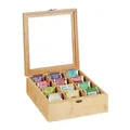 Relaxdays Teebox, 12 Fächer, Bambus, HxBxT: 9,5 x 26,5 x 28,5 cm, für Tee & Kaffeepads, Teebehälter mit Deckel, Natur
