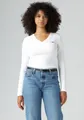 Langarmshirt "ESSENTIAL HM LS VNECK", mit Logo Stickerei, Gr. M (38), WHITE