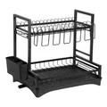 Kvota Abtropfgestell Geschirr-Besteck, 38x42x30cm, Abtropfhalter Geschirrständer mit Abtropfschale und Abfluss 2-Stufen, schwarz I abtropfgestell Geschirr I Dish Drying Rack