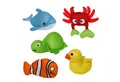 alldoro Badespielzeug Aquanauts Badetiere für Kinder, 5er Set für Badewanne, Pool und See, schwimmende Tiere: Delfin, Ente, Schildkröte, Krebs & Clownfisch