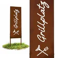 Relaxdays Edelrost Gartendeko, Grillplatz, HB: 85 x 28 cm, Gartenstecker wetterfest, rustikal, zum Stecken, Eisen braun