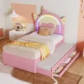 Odikalo Kinderbett Rollbett Cartoon Einhornform Ausziehbar Kunstleder LED Rosa 90 - Rosa