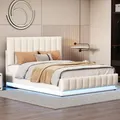 MODFU Polsterbett 140x200 Doppelbett mit Matratze,Jugendbett mit LED, Metalllattenrost und Bettkasten,mit Bettkasten und höheverstellbarem Polsterkopfteil,Weiß