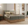MKS MEBLE Boxspringbett WOOD CLASSIC KING, Doppelbett mit zwei Multipocket-Matratze und Topper T25, hohe Kopfteil, Stauraum - 180 x 200 cm - H3 - G... - Grau
