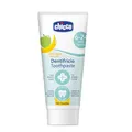 Chicco Zahnpasta für Kinder, Geschmack Apfel und Banane, Zahnpasta für Kinder, sanft zu Kinderzähnen, geringe Abrasivität, ohne Fluor, wirkt der Bildung von Karie, 50 ml, 6-24 Monate
