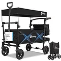Sekey Bollerwagen Faltbar mit Dach 2 Kinder 100KG, Faltbarer Bollerwagen Handwagen Schiebegriff, Kinderwagen Stoßfest PU Räder mit Bremsen 110L, SS5050, Schwarz