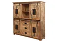 MASSIVMOEBEL24.DE | Railway - massives Highboard naturfarben, geölt | Mangoholz | 150x45x160 | mit Eisen | 4 Türen - 3 Schubladen | Wohnzimmerschrank, Hochkommode