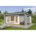 Lasita Holz-Gartenhaus Java Pultdach Lichtgrau Lasiert 608 cm x 390 cm