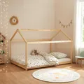 [en.casa] Kinderbett Cerro Hausbett Jugendbett Bett in Haus-Optik Montessori Bett aus massiver Kiefer Bettgestell mit Lattenrost Holzfarben 120x200cm
