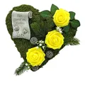 Grabgesteck Grabschmuck Grabaufleger Moosherz Grabherz Trauerherz Grab Herz Gesteck Rosen mit Schriftrolle Für Immer im Herzen (Rosen Gelb)