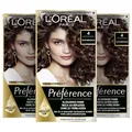 L'Oréal Paris Permanente Haarfarbe, Haarfärbeset mit Coloration und Farbglanz-Pflegebalsam, Préférence, 4 Naturbraun, 3er Set