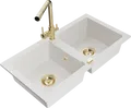 Mexen Mario Granitspüle 2-Becken Weiß mit Gold-Mischbatterie Duero