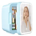 YASHE Mini Kühlschrank, Skincare-Kühlschrank mit LED-Lichtspiegel, 4-Liter-Kleinkühlschrank tragbar, 220V AC / 12V DC Thermoelektrische Heizung und Kühlung für Auto, Büro, Wohnheim (Blau)