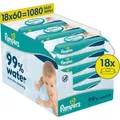 Pampers Feuchttücher 99% Water, 1080 Tücher, unparfümiert, je 60 Tücher, je 18 Pack
