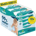 Pampers 99% Water Baby-Feuchttücher, 18 Packungen mit 60 Feuchttüchern = 1080