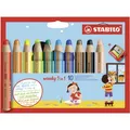 STABILO woody 3 in 1 Buntstifte + Spitzer Wassermalfarbe Wachsmalkreide 10er Set
