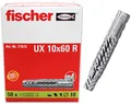 fischer Universaldübel UX 10 x 60 R, Schachtel mit 50 Nylondübeln, Allzweckdübel mit Rand, für optimalen Halt bei Befestigungen in Beton, Gipskarton, Kalksand-Lochstein uvm., Standard, 6x35
