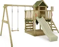 FATMOOSE Spielturm Klettergerüst JazzyJungle mit Schaukel & Rutsche, Spielhaus mit Sandkasten, Leiter & Spiel-Zubehör – salbeigrün / olivgrün