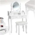 tectake Schminktisch, im Antik-Look, mit gepolstertem Hocker, 4 Schubladen, 75 x 40 x 143 cm