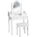 Tectake Schminktisch  Im Antik Look  Mit Gepolstertem Hocker Schwenkbarer Spiegel  75 x 40 x 143 cm Weiß