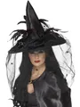 Smiffys Hut Hexe, Schwarz, mit Federn und Netz, Deluxe Halloween