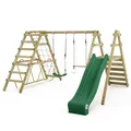 WICKEY Kinderschaukel Schaukelgestell Smart Shake mit Grüner Rutsche und Kletteranbau, Schaukel, Schaukelgerüst, Doppelschaukel, Holzschaukel für den Garten