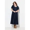 Ulla Popken Dirndl Maxikleid Smokeinsätze Rundhals Halbarm Leinenmix schwarz 50/52