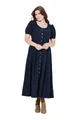 Ulla Popken Damen große Größen Übergrößen Plus Size Maxikleid, Smokeinsätze, Rundhals, Halbarm, Leinenmix Marine 50+ 837420130-50+
