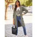 Strickjacke HEINE, Damen, Gr. 46, grün (khaki, meliert), 74% Polyacryl, 23% Polyester, 3% Elasthan, unifarben, Langarm, Strickjacken